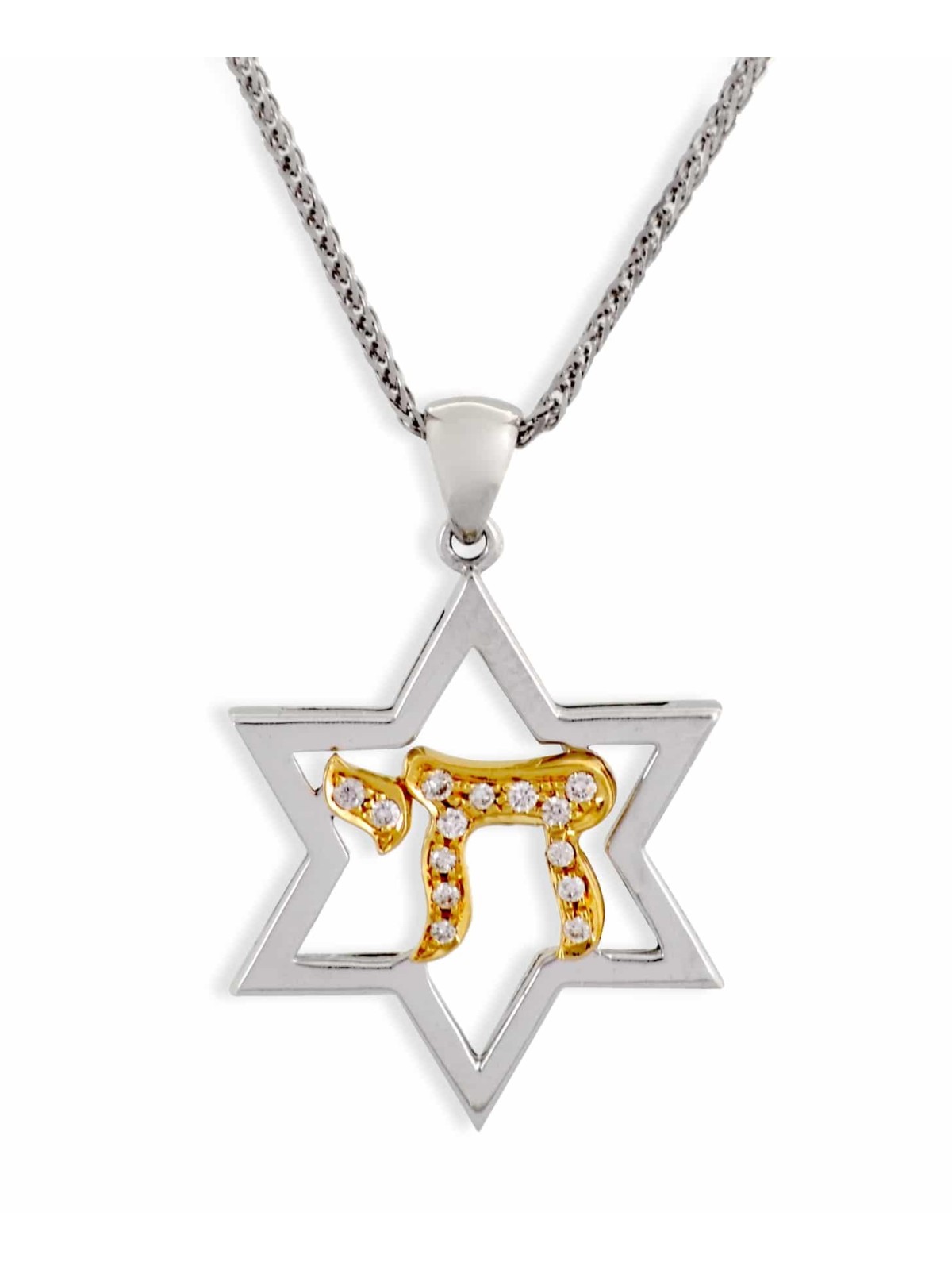 שרשרת מגן דוד וחי מזהב לבן עם די , מתנות ט"ו באב , א